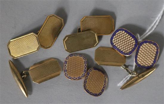 Three pairs of 9ct gold cufflinks, including enamel.